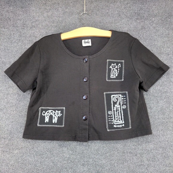 Tapestry Women's Petite Button Front Top Short Sleeve Black Patches Cat - Picture 2 of 12